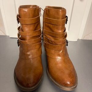 Jellypop Strappy Women's Brown Leather Ankle Boots Side Zipper Sz 9.5M